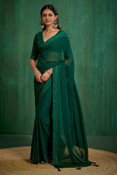 Elegant Green Chiffon Swarovski Ready to Wear Saree - Shop Now for Glamorous Style-RTW-4099